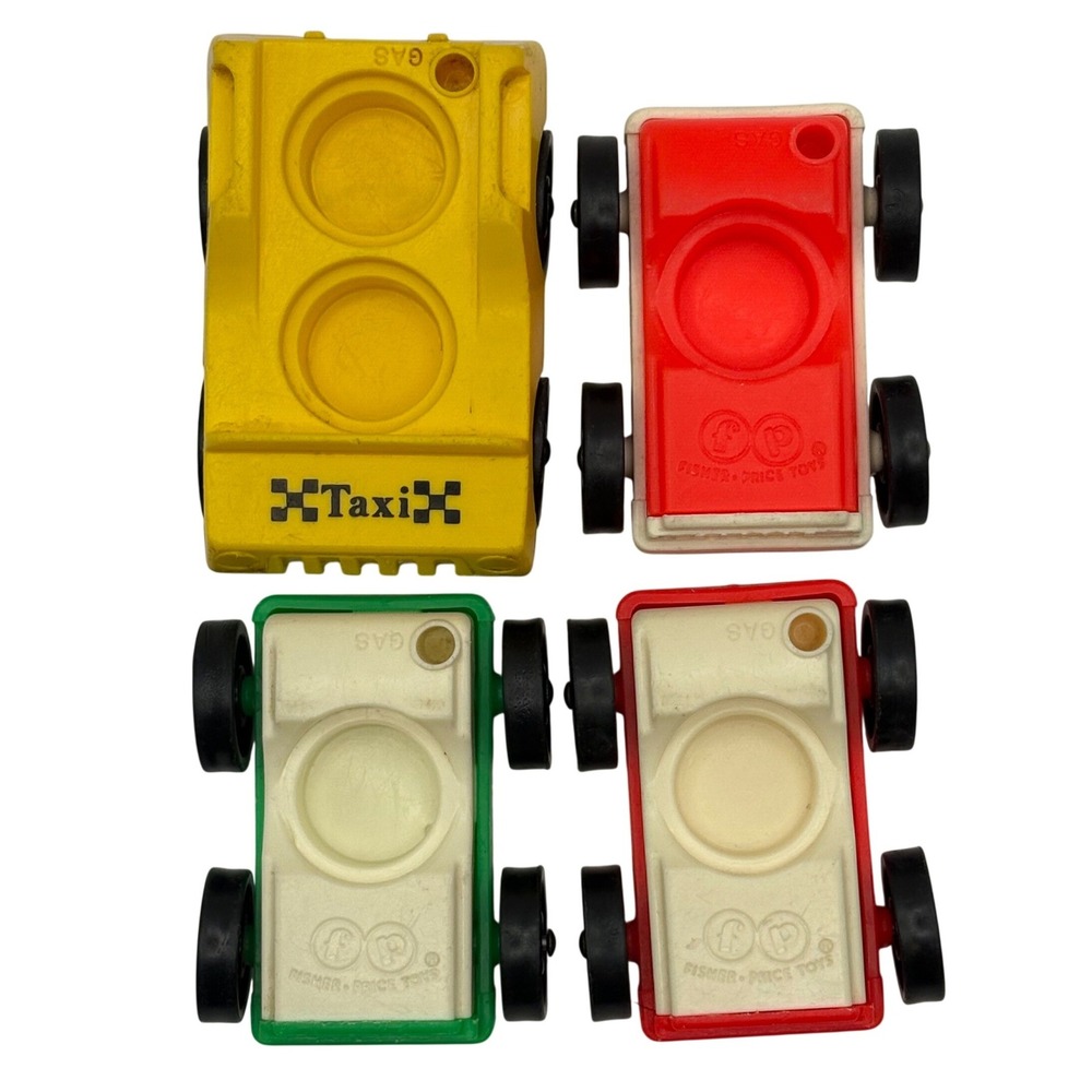 Vintage Fisher Price Lot of 4 Little People Cars 1-Yellow Taxi & 3-One Seat Cars